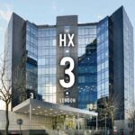 Exterior of 3 Harbour Exchange Square commercial office in London E14 Docklands with stunning Canary Wharf waterfront views