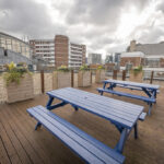Communal roof terrace with city views at 77 Bastwick Street, prime Clerkenwell office space featuring outdoor amenities for tech firms